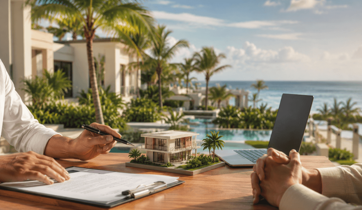 Real estate meeting at tropical beachfront resort with property model and documents