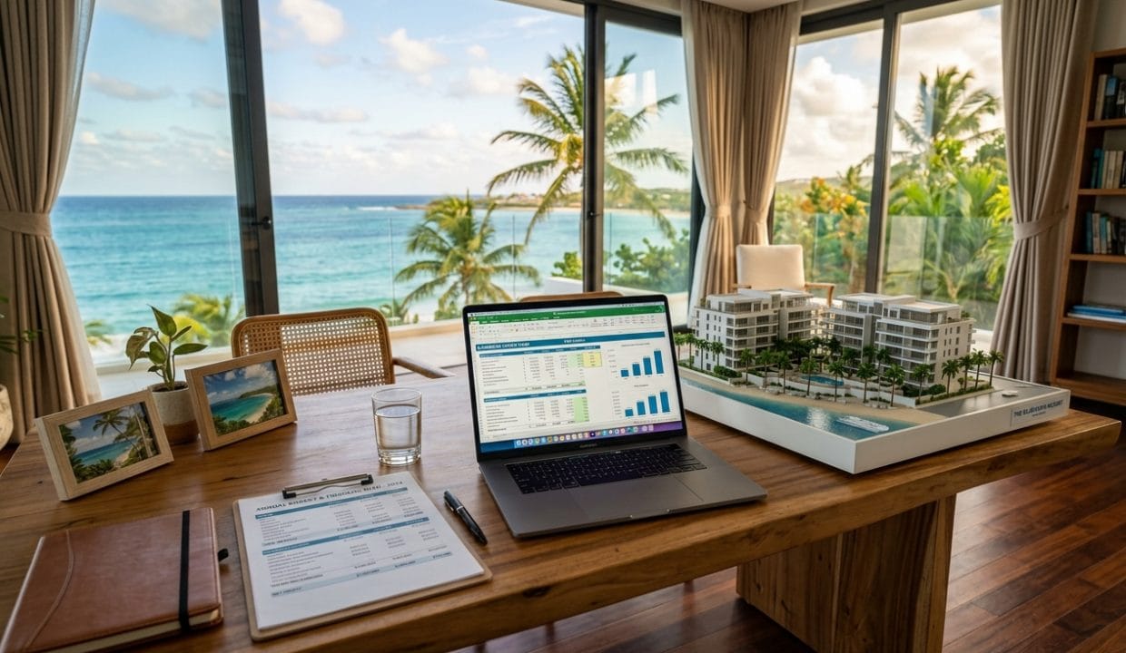 Luxury oceanfront home office in Punta Cana with financial planning documents, laptop showing property investment spreadsheets, and tropical ocean view